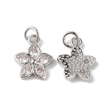 Rack Plating Brass Micro Pave Cubic Zirconia Charms, Lead Free & Cadmium Free, Long-Lasting Plated, Flower Charm, with Jump Ring, Platinum, 14x11.5x2.5mm, Hole: 3.5mm