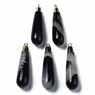 Natural Agate Big Pendants, with Golden Brass Findings, Rack Plating, Teardrop, Black, 60~61x14.5x14.5mm, Hole: 2mm(G-Q998-023A)