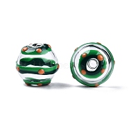 Transparent Glass Enamel Beads, Round with Stripe Pattern, Green, 13.5~15x14mm, Hole: 2~2.5mm(GLAA-G084-01E)