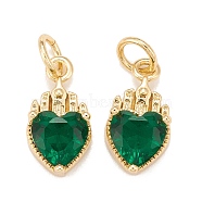 Brass Inlaid Clear Cubic Zirconia Charms, Real 18K Gold Plated, Lead Free & Cadmium Free, Heart, Dark Green, 14x7x4mm, Hole: 3mm(KK-A161-29G-B)