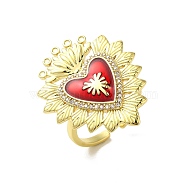 Sacred Heart Brass Micro Pave Cubic Zirconia Cuff Rings, with Enamel, Lead Free & Cadmium Free, Long-Lasting Plated, Real 18K Gold Plated, Dark Red, Adjustable, Heart: 29.5x24mm(RJEW-H236-01G-02)