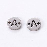 Tarnish Resistant 201 Stainless Steel Links, Laser Cut, Flat Round with Letter, Letter.A, 6x6x1mm, Hole: 0.8mm(X-STAS-R112-01A)