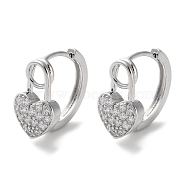 Brass Micro Pave Clear Cubic Zirconia Hoop Earrings, Heart, Real Platinum Plated, 14.5x9x14mm(EJEW-C121-10P)