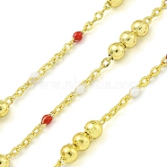 Brass Enamel Round Beaded Link Chain, Soldered, with Spool, Long-Lasting Plated, Cadmium Free & Lead Free, Real 18K Gold Plated, FireBrick, 12x3.5mm(CHC-G022-07G-14)