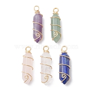 Natural Mixed Gemstone Copper Wire Wrapped Pointed Pendants, Faceted Bullet Charms, Light Gold, 36~38.5x10~10.5x10~10.5mm, Hole: 3.5~4mm(PALLOY-JF02603-01)