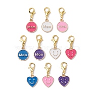 Mother's Day Heart/Flat Round with Word Mom Alloy Enamel Pendant Decorations, with Zinc Alloy Lobster Claw Clasps, Mixed Color, 26~27mm, 10pcs/set(HJEW-JM01508)