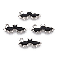 Alloy Enamel Pendants, Jewelry Accessory, Platinum, Halloween Theme, Bat Shape, Black, 8.5x20x3mm, Hole: 2mm(ENAM-M044-05P)