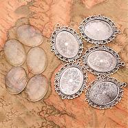 40x30mm Oval Clear Glass Cabochon Cover and Antique Silver Tibetan Style Pendant Cabochon Settings for DIY, Cadmium Free & Lead Free, Pendant: 61x48mm, Hole: 3mm, Tray: 40x30mm(DIY-X0152-AS-RS)