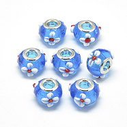 Handmade Lampwork European Beads, Bumpy Lampwork, with Platinum Brass Double Cores, Large Hole Beads, Rondelle with Flower, Dodger Blue, 16x14x10.5mm, Hole: 5mm(X-LAMP-Q029-03E)