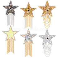 Elite 6Pcs 6 Style Star Hotfix Resin Rhinestone(Hot Melt Adhesive On the Back), with Iron Tassel, for Dress, Shoes, Garment Decoration, Mixed Color, 139~150x80.5~85x2~3mm, 2pc/style(DIY-PH0006-99)