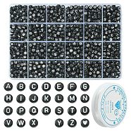 1200Pcs DIY Acrylic Bead Stretch Bracelets Kits for Children's Day, Including Flat Round Beads and Clear Elastic Crystal Thread, Letter & Heart, Black, 7x7x3.5mm, Hole: 1.2mm, 1200pcs/Box(DIY-YW0001-88B)