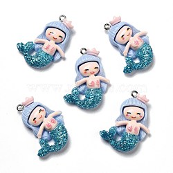 Opaque Resin Pendants, with Glitter Powder and Platinum Tone Iron Loops, Mermaid, Deep Sky Blue, 34x20.5x6mm, Hole: 2mm(RESI-D055-033P)