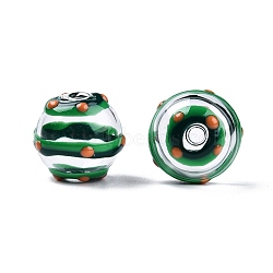 Transparent Glass Enamel Beads, Hand Drawn Beads, Round with Stripe Pattern, Green, 13.5~15x14mm, Hole: 2~2.5mm(GLAA-G084-01E)