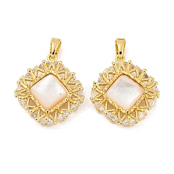 Brass Pave Shell Pendants, with Clear Cubic Zirconia, Rhombus Charm, Real 18K Gold Plated, 19.5x18x5mm, Hole: 4.8x2.7mm(KK-G490-39G)
