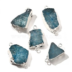 Raw Rough Natural Dyed Quartz Crystal Links Connector Charms, with Brass Findings, Nuggets, Silver Color Plated, Teal, 30.5~37.5x15~25x7.5~13mm, Hole: 2.5mm(G-K189-04S-05)