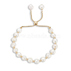 ANATTASOUL Dyed Natural Pearl & Brass Round Beaded Slider Bracelet, Adjustable Bracelet with Golden 304 Stainless Steel Box Chains for Women, White, 1-3/4~3 inch(4.5~7.5cm), 1Pc/box(BJEW-AN0001-02)