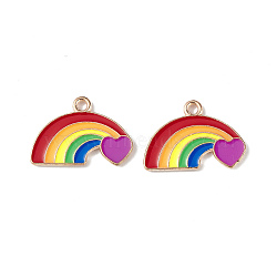 Rainbow Color Pride Alloy Enamel Pendants, Rainbow with Heart Charms, Light Gold, Colorful, 14.5x21x1.5mm, Hole: 2mm(ENAM-K067-23)