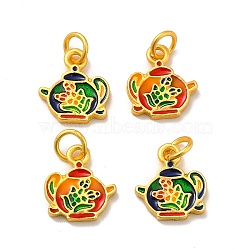 Rack Plating Alloy Enamel Pendants, Cadmium Free & Lead Free, with Jump Ring, Matte Gold Color, Teapot, Colorful, 12x11x2mm, Jump Ring: 5.3x0.8mm, Inner Diameter: 3.7mm(PALLOY-E006-20MG)