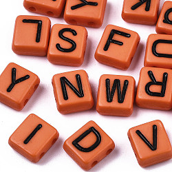 Opaque Acrylic Multi-Strand Links, for Tile Elastic Bracelets Making, Rectangle with Black Letter, Mixed Letters, Coral, 8x8x4mm, Hole: 1.6mm, about 1509pcs/387g(MACR-N008-34C)
