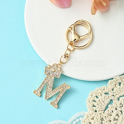 Golden Alloy Rhinestone Keychain, with Alloy Clasp and Iron Rings, Letter M, 10cm, Pendant: 42mm(KEYC-YW00105-13)