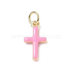 Real 18K Gold Plated Eco-Friendly Rack Plating Brass Enamel Pendants, Long-Lasting Plated, with Jump Rings, Lead Free & Cadmium Free, Cross Charm, Pearl Pink, 15x8x3mm, Hole: 3.4mm(KK-F845-40G-05)