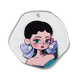 Acrylic Pendants, Polygon with Human, Lilac, 42x42.5x2.5mm, Hole: 1.5mm(MACR-C031-06A)