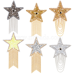 Elite 6Pcs 6 Style Star Hotfix Resin Rhinestone(Hot Melt Adhesive On the Back), with Iron Tassel, for Dress, Shoes, Garment Decoration, Mixed Color, 139~150x80.5~85x2~3mm, 2pc/style(DIY-PH0006-99)