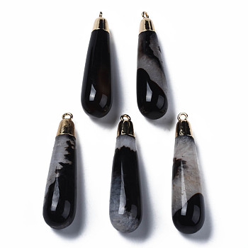 Natural Agate Big Pendants, with Golden Brass Findings, Rack Plating, Teardrop, Black, 60~61x14.5x14.5mm, Hole: 2mm