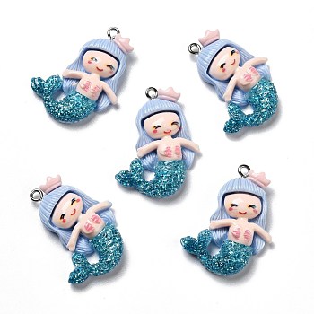 Opaque Resin Pendants, with Glitter Powder and Platinum Tone Iron Loops, Mermaid, Deep Sky Blue, 34x20.5x6mm, Hole: 2mm