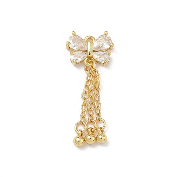 Brass Micro Pave Clear Cubic Zirconia Pendants, Cadmium Free & Lead Free, Rack Plating, Long-Lasting Plated, Butterfly with Tassel Charms, Golden, 33x13x3.5mm, Hole: 1.2mm