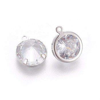 Rack Plating Brass Charms, with Cubic Zirconia, Flat Round, Clear, Platinum, 13x10.5x5.7mm, Hole: 1.2mm