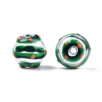 Transparent Glass Enamel Beads, Round with Stripe Pattern, Green, 13.5~15x14mm, Hole: 2~2.5mm