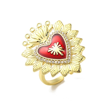 Sacred Heart Brass Micro Pave Cubic Zirconia Cuff Rings, with Enamel, Lead Free & Cadmium Free, Long-Lasting Plated, Real 18K Gold Plated, Dark Red, Adjustable, Heart: 29.5x24mm