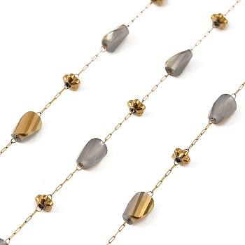 Handmade 304 Stainless Steel  Link Chains, with Nuggets Glass and Synthetic Hematite Beads, Soldered, with Spool, Golden, 2x0.6x0.2mm