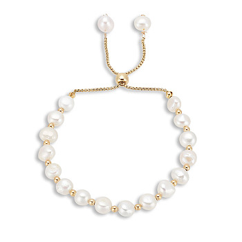 ANATTASOUL Dyed Natural Pearl & Brass Round Beaded Slider Bracelet, Adjustable Bracelet with Golden 304 Stainless Steel Box Chains for Women, White, 1-3/4~3 inch(4.5~7.5cm), 1Pc/box