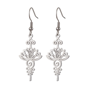 Stainless Steel Dangel Earrings, with 304 Stainless Steel Earring Hooks, Lotus Charms, Stainless Steel Color, 51x17mm