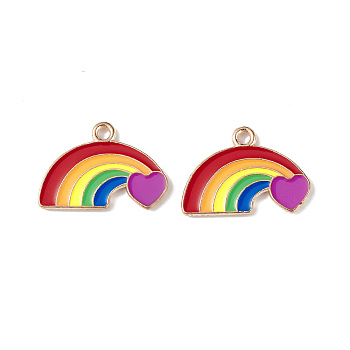 Rainbow Color Pride Alloy Enamel Pendants, Rainbow with Heart Charms, Light Gold, Colorful, 14.5x21x1.5mm, Hole: 2mm