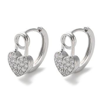 Brass Micro Pave Clear Cubic Zirconia Hoop Earrings, Heart, Real Platinum Plated, 14.5x9x14mm