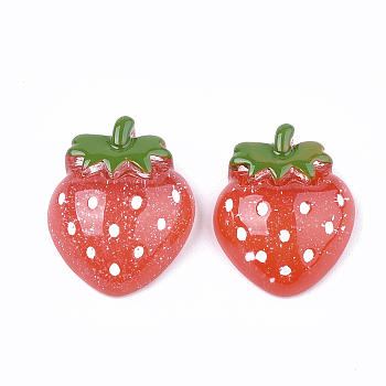 Resin Cabochons, with Glitter Powder, Strawberry, Red, 19x15x6mm