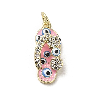 Brass Micro Pave Cubic Zirconia Pendants, with Enamel, with Jump Ring, Real 18K Gold Plated, Slipper
 with Evil Eye, Pink, 20x8.5x5.7mm, Hole: 3.2mm