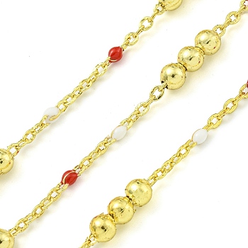 Brass Enamel Round Beaded Link Chain, Soldered, with Spool, Long-Lasting Plated, Cadmium Free & Lead Free, Real 18K Gold Plated, FireBrick, 12x3.5mm