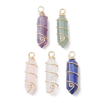 Natural Mixed Gemstone Copper Wire Wrapped Pointed Pendants, Faceted Bullet Charms, Light Gold, 36~38.5x10~10.5x10~10.5mm, Hole: 3.5~4mm