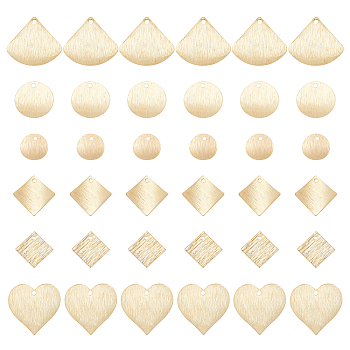 36Pcs 6 Style Brass Charms, Long-Lasting Plated, Flat Round & Square & Fan & Heart & Rhombus, Real 24K Gold Plated, 6pcs/style