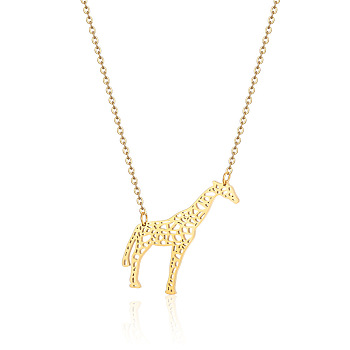 Stainless Steel Geometric Artistic Hollow Animal Pendant Necklaces, Clavicle Chain Necklaces for Women, Golden, Giraffe, 17.72 inch(45cm)