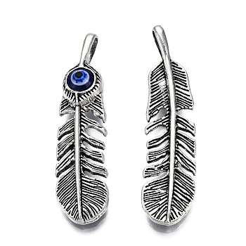 Alloy Enamel Pendants, Cadmium Free & Nickel Free & Lead Free, Antique Silver, Feather with Evil Eye, Midnight Blue, 48.5x12x7mm, Hole: 3x7mm