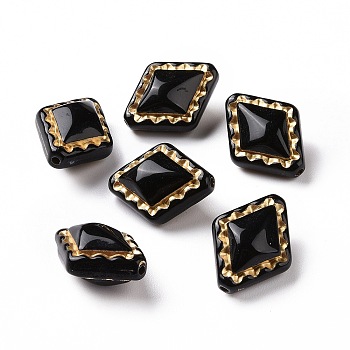 Plating Opaque Acrylic Beads, Golden Metal Enlaced, Rhombus, Black, 18x14x9~9.5mm, Hole: 1.5mm, 530pcs/500g