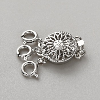 Brass Box Clasps, 3-strand, 6-hole, with Spring Ring Clasps, Flat Round, Real Platinum Plated, 25x12x6mm