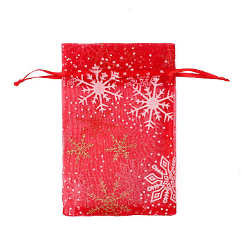 Christmas Theme Rectangle Printed Organza Drawstring Bags, with Glitter Powder, Red, Christmas Themed Pattern, 15x10cm