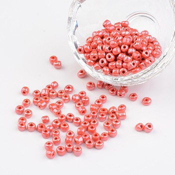 6/0 Opaque Colors Lustered Round Glass Seed Beads, Red, Size: about 4mm in diameter, hole:1.5mm, about 450pcs/50g
