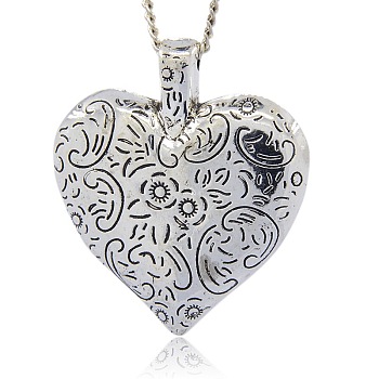 CCB Plastic Pendants, Heart with Flower Patterns, Antique Silver, 40x35x9mm, Hole: 3mm